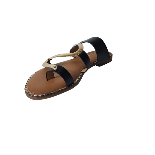 Front view of elegant s-strap gold detail flip flops in black, showcasing the stylish gold metal strap and elegant sole, London fashion from DeepsLondon.