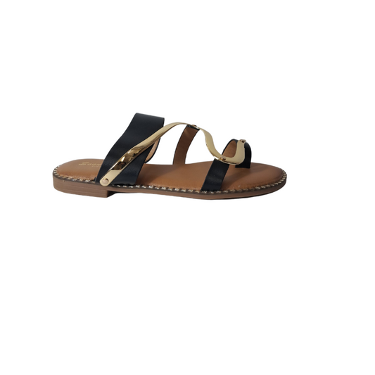 Side profile of s-strap gold detail flip flops in black, highlighting the comfortable design and chic style, London footwear from DeepsLondon.