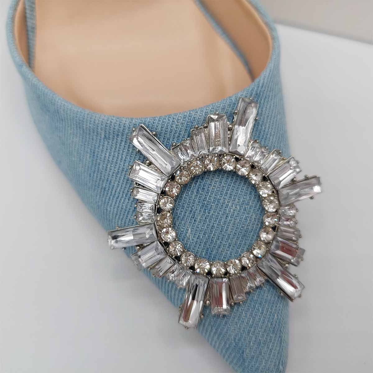 Close-up of the diamante detail on women's satin court shoes in Light Blue, highlighting their elegant features from DeepsLondon.