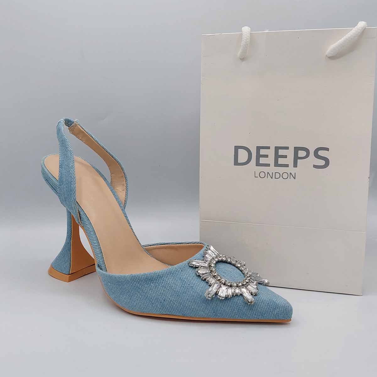 Front view of women's satin court shoes with diamante detail in Light Blue, an elegant choice for London occasions.