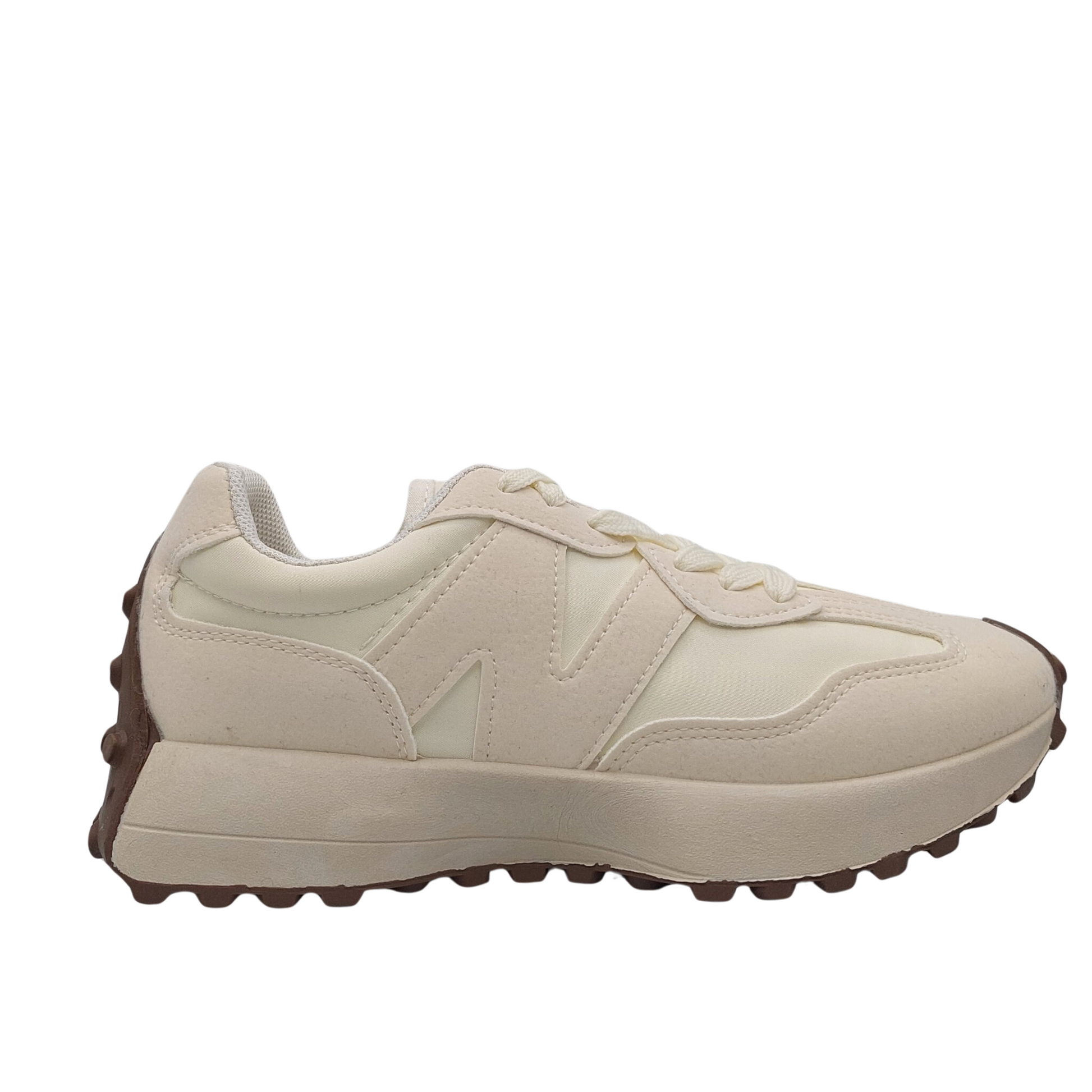 Side profile of women's white and beige fashion sneakers 