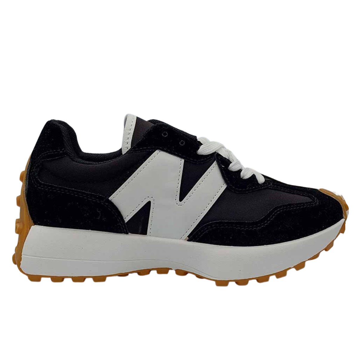 Side profile of white and black women's retro fashion trainer with a white 'N' logo and gum sole