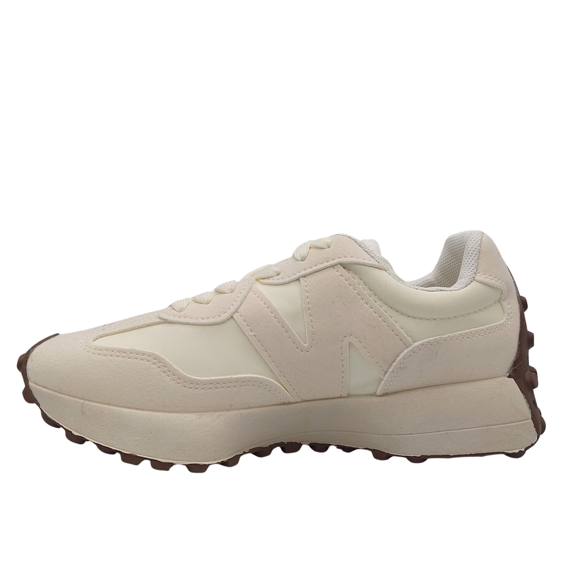 White and beige women's stylish fashion trainer with logo and gum sole.