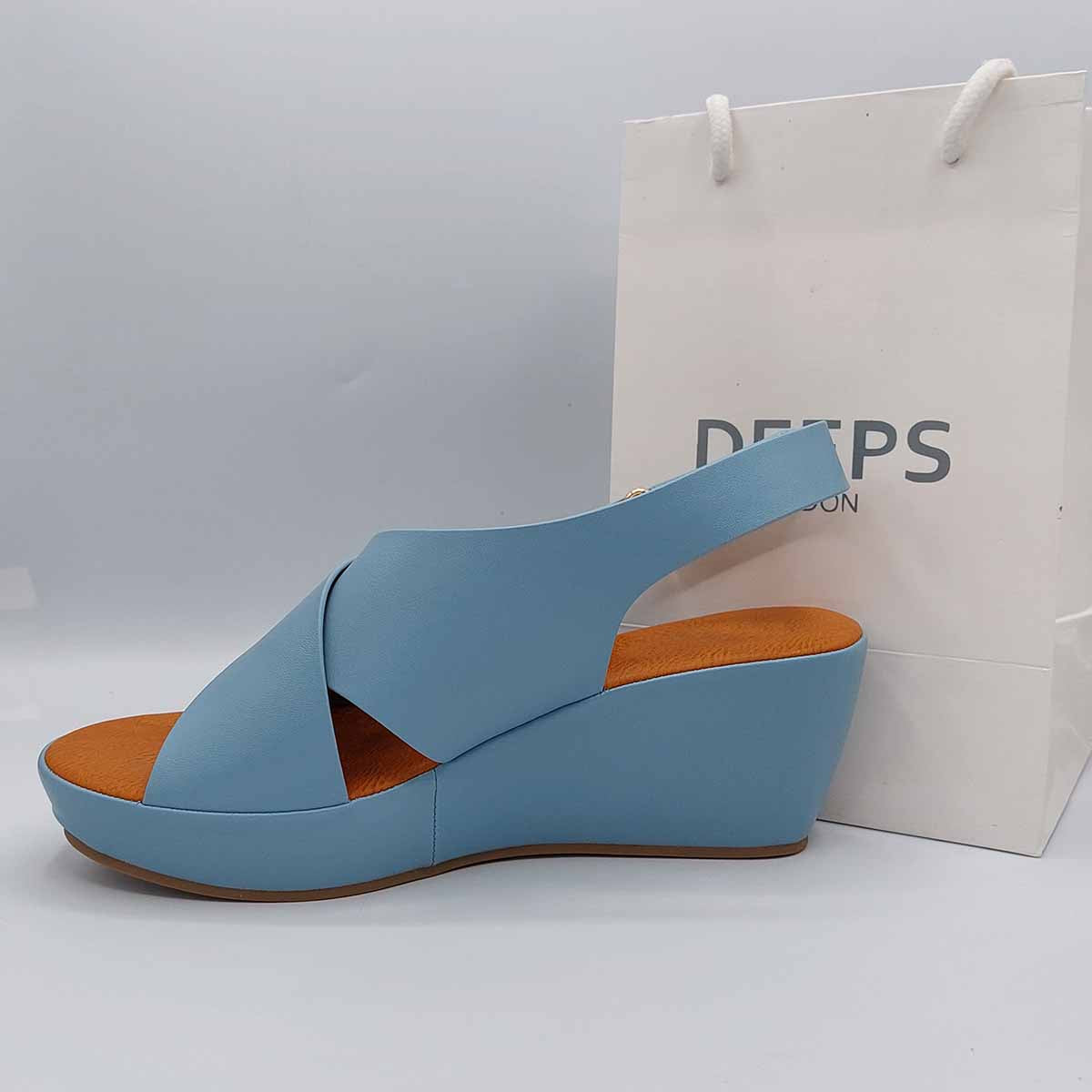 Close-up of the peep toe and wedge heel on women's sandal in blue, highlighting their comfortable and stylish features from DeepsLondon.