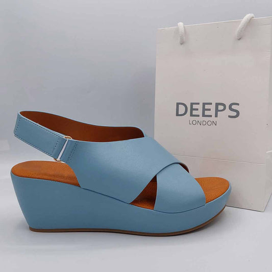 Front view of women's wedge heel peep toe sandal in Blue, a comfortable and stylish choice from DeepsLondon for London life.