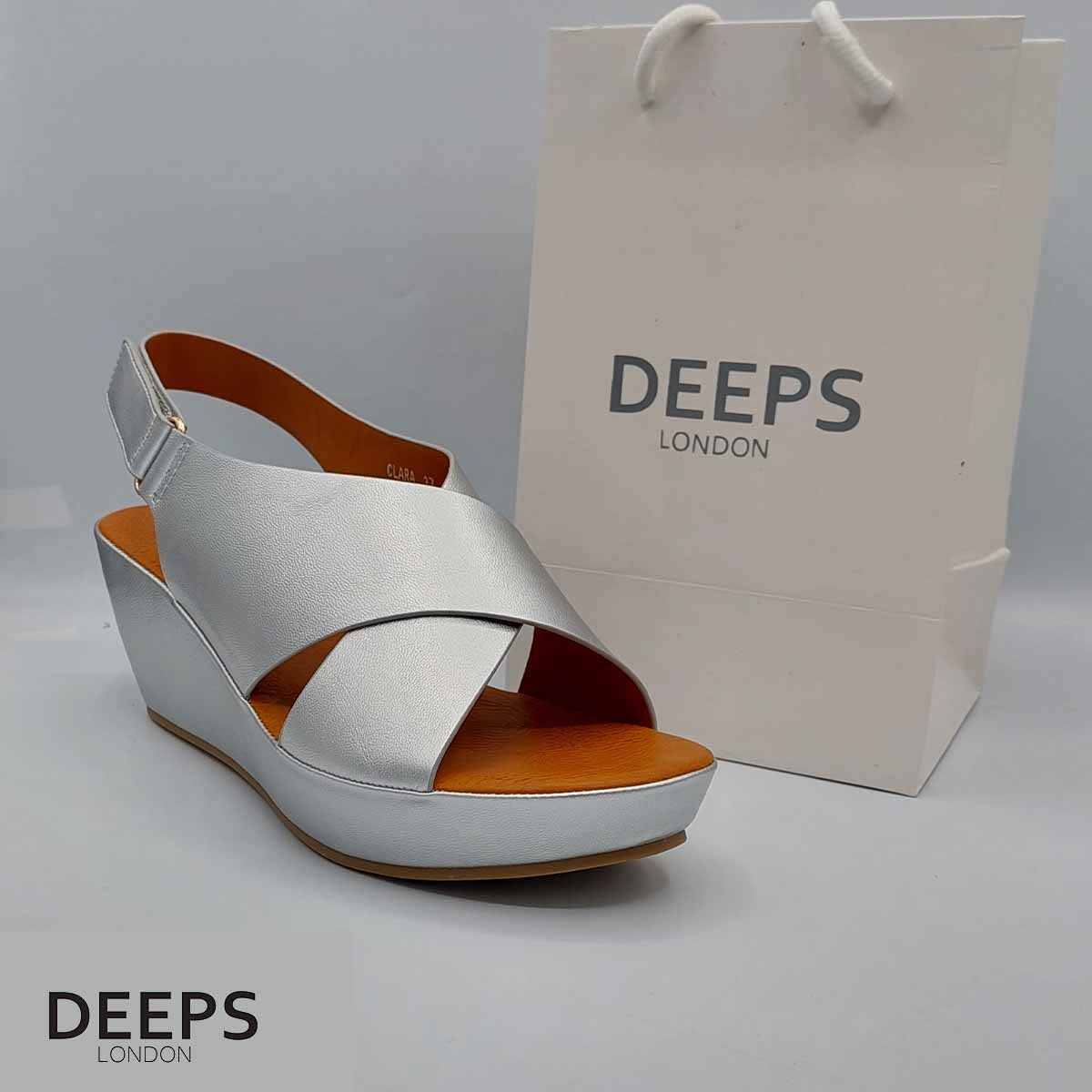 Close-up of the peep toe and wedge heel on women's sandal in Silver, highlighting their comfortable and stylish features from DeepsLondon.