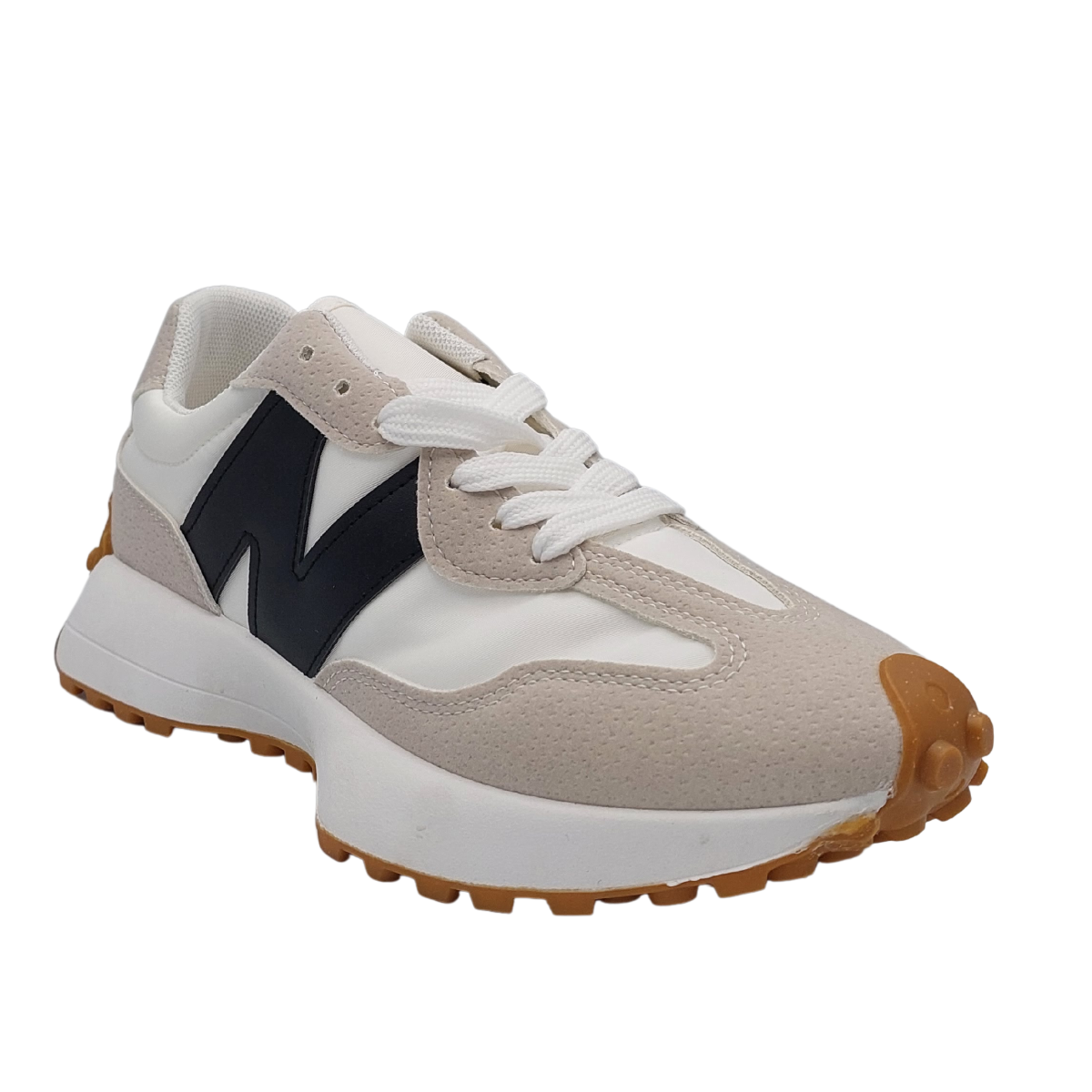 Side profile of white and navy women's retro fashion trainer with a  'N' logo and gum sole, a stylish lace up sneaker shoes