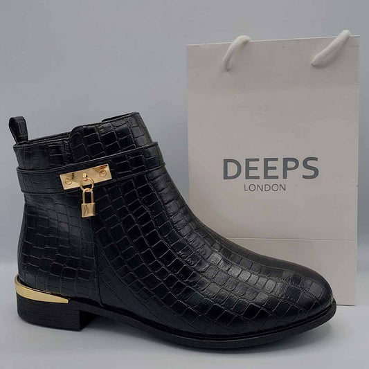 PRESLEY BLACK CROC FLARED BUCKLE STRAP ANKLE BOOTS