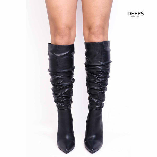 PROUD BLACK RUCHED STILETTO HEEL POINTED TOE KNEE HIGH BOOTS
