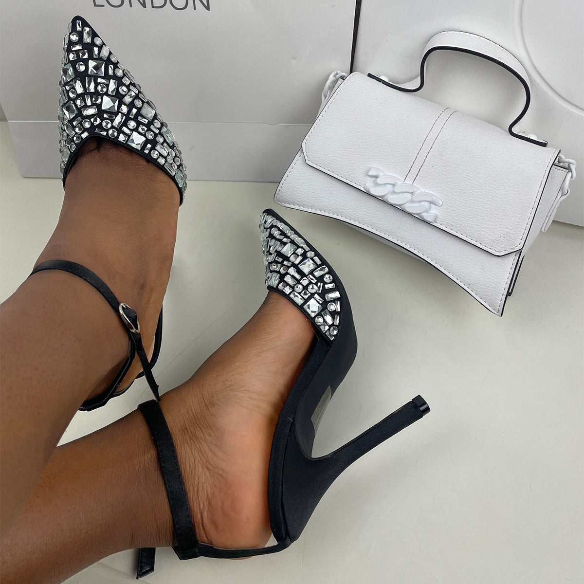ENARA ALL OVER DIAMANTE COURT HEEL WITH ANKLE STRAP