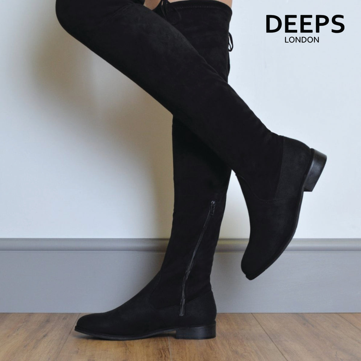 JOEY - BLACK STRETCH FAUX SUEDE OVER THE KNEE FLAT BOOTS - DEEPSFOOTWEAR