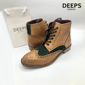 GATSBY BOOTS LONDON BROGUES TAN LEATHER GREEN SUEDE