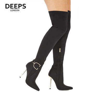 KATHRYN OVER THE KNEE THIGH HIGH HEEL STRETCH BOOTS BLACK SUEDE