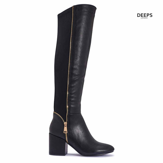 MEADOW KNEE HIGH BLACK BLOCK HEELED STRETCH BOOTS
