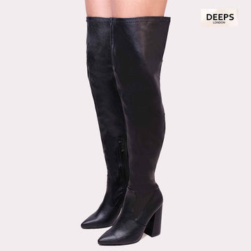WISTERIA BLACK KNEE HIGH STRETCH BOOTS WITH POINTED TOE AND BLOCK HEEL