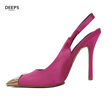 PHOEBE WOMEN POINTED TOE HIGH HEEL SANDALS WITH GOLD DEATIL IN TOE FUCHSIA