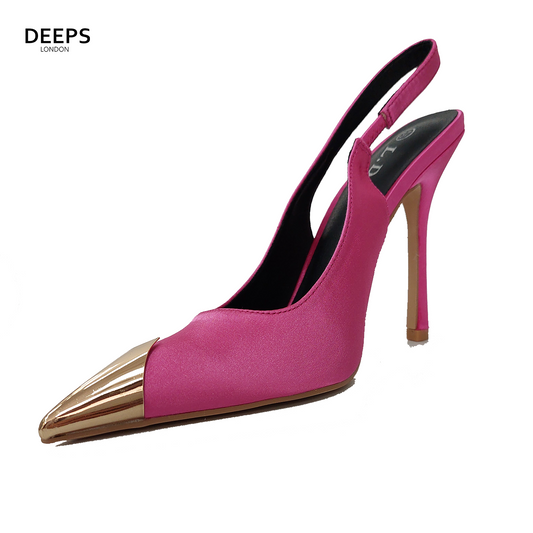 PHOEBE WOMEN POINTED TOE HIGH HEEL SANDALS WITH GOLD DEATIL IN TOE FUCHSIA