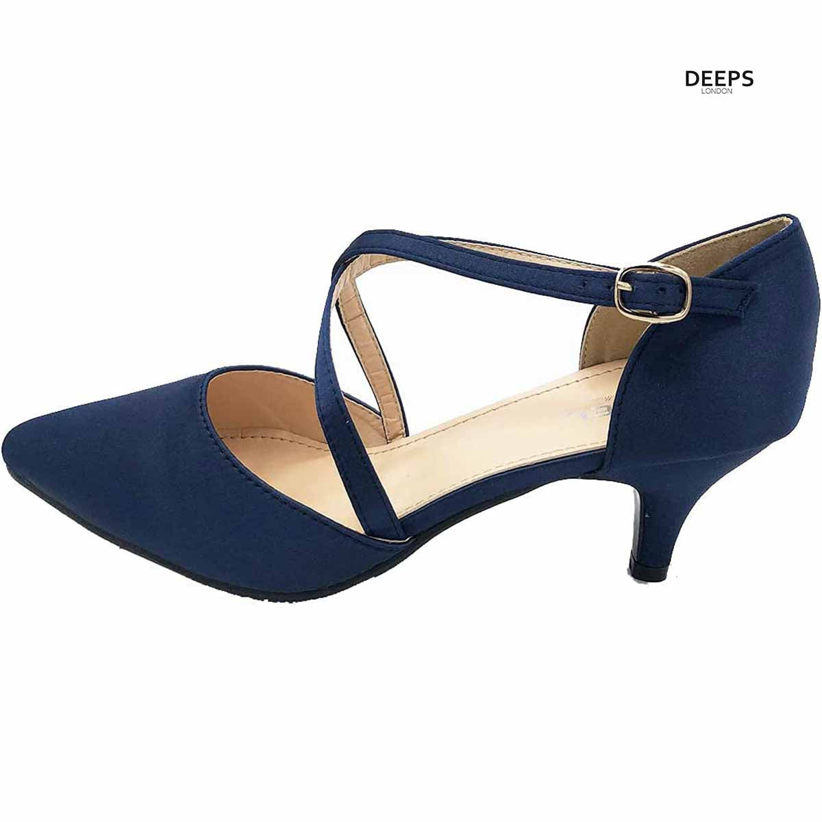 Front view of Illuminate diamante ankle strap kitten heel court shoes in Navy satin, showcasing the elegant kitten heel and sparkling ankle straps, London style from DeepsLondon.