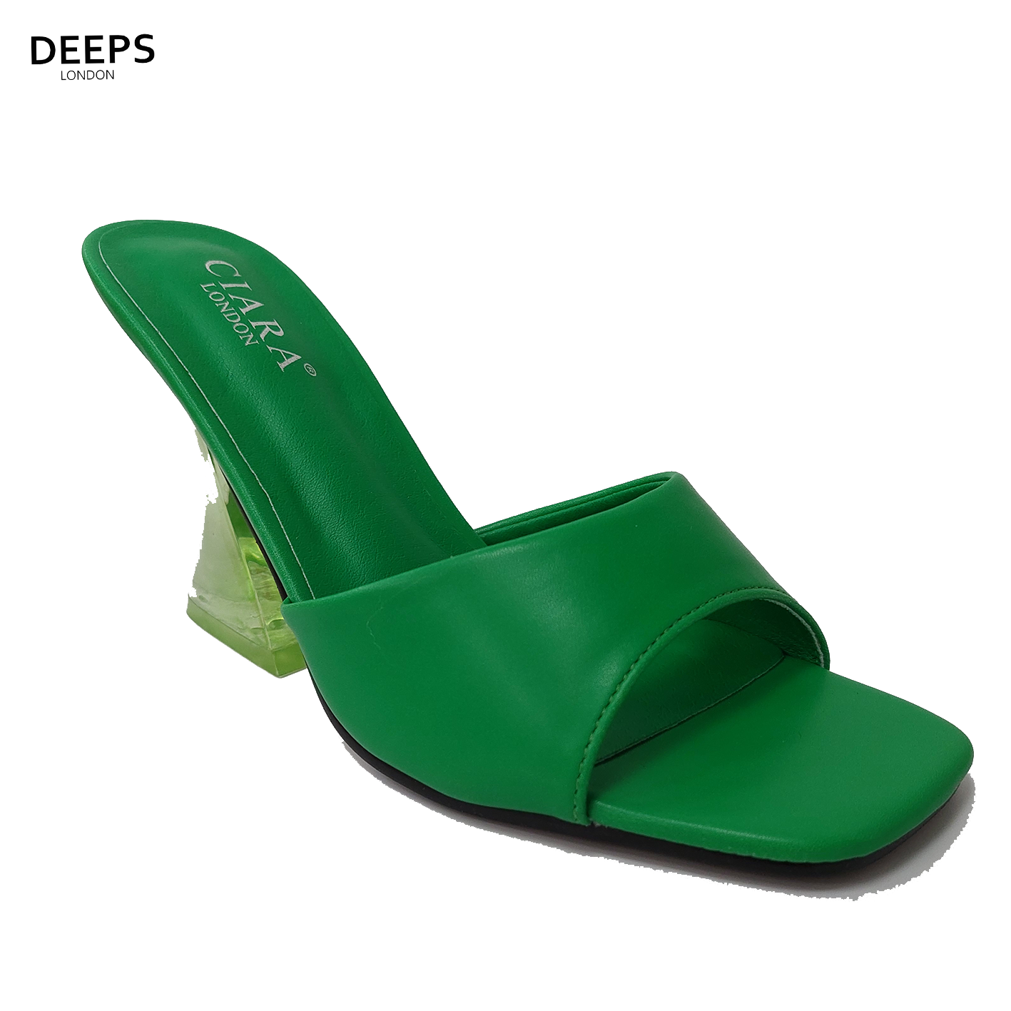 Front view of women's Alaya clear block heel sandals in green, modern London style from DeepsLondon.
