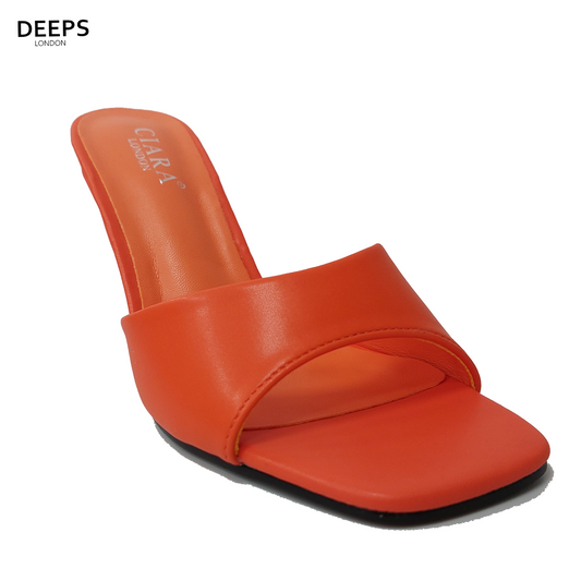 Front view of women's Alaya clear block heel sandals in orange, modern London style from DeepsLondon.