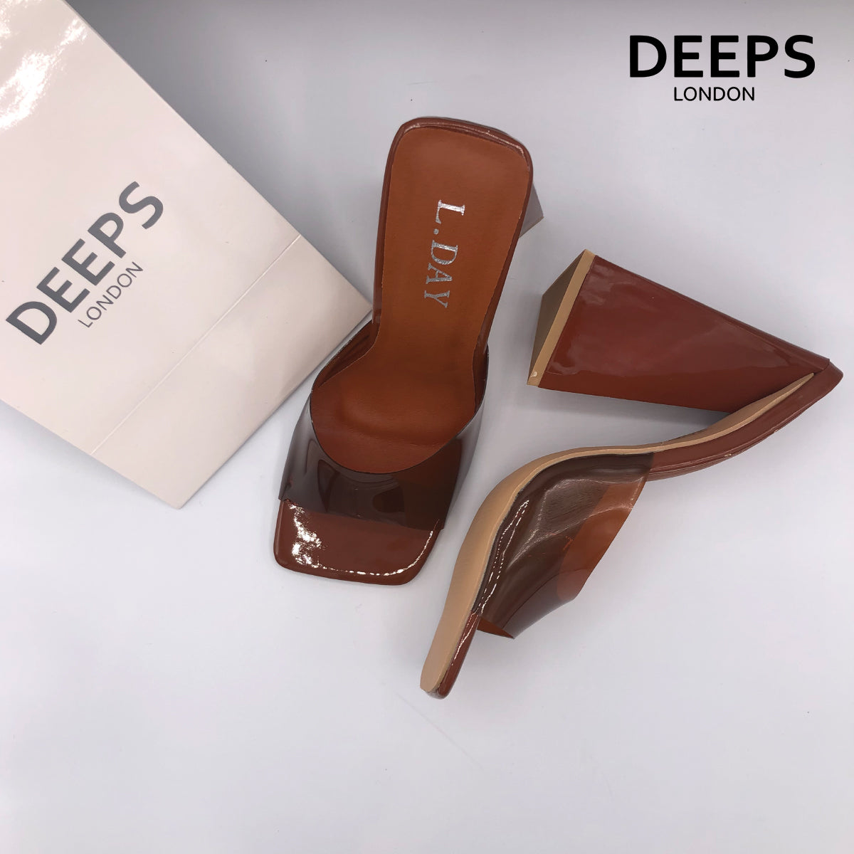 Close-up detail of Anastasia square toe high heel mule in rich brown, showcasing the modern square toe and sleek design, London style from DeepsLondon.