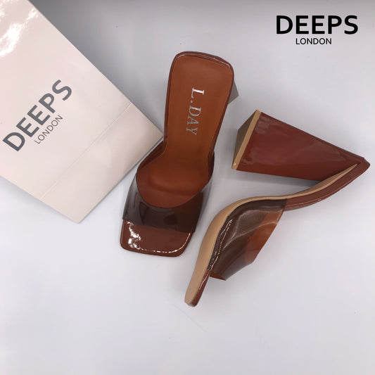 Close-up detail of Anastasia square toe high heel mule in rich brown, showcasing the modern square toe and sleek design, London style from DeepsLondon.