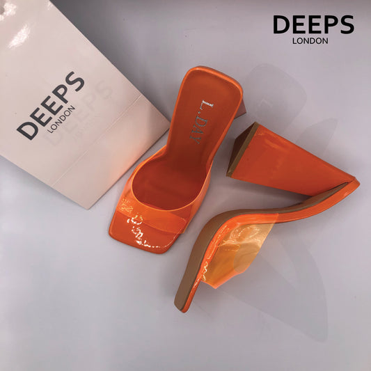 Close-up detail of Anastasia square toe high heel mule in vibrant orange, showcasing the modern square toe and sleek design, London style from DeepsLondon.