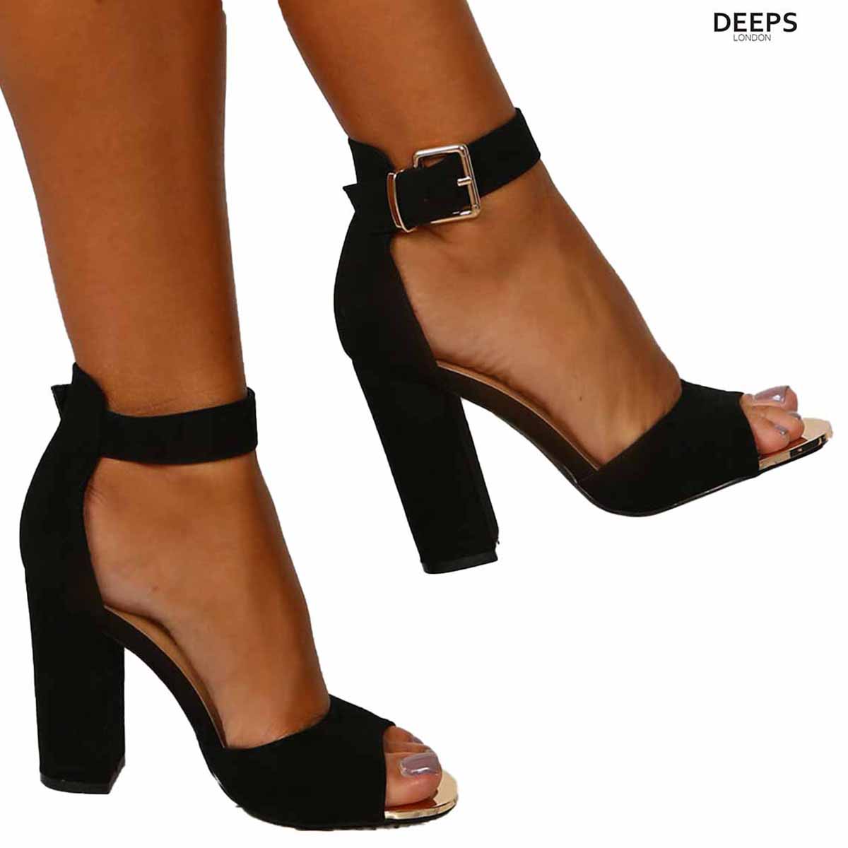 Close-up of the chunky buckle strap and block heel (approx. 4-inch) on women's Belgravia sandals in Black, highlighting their bold features from DeepsLondon.