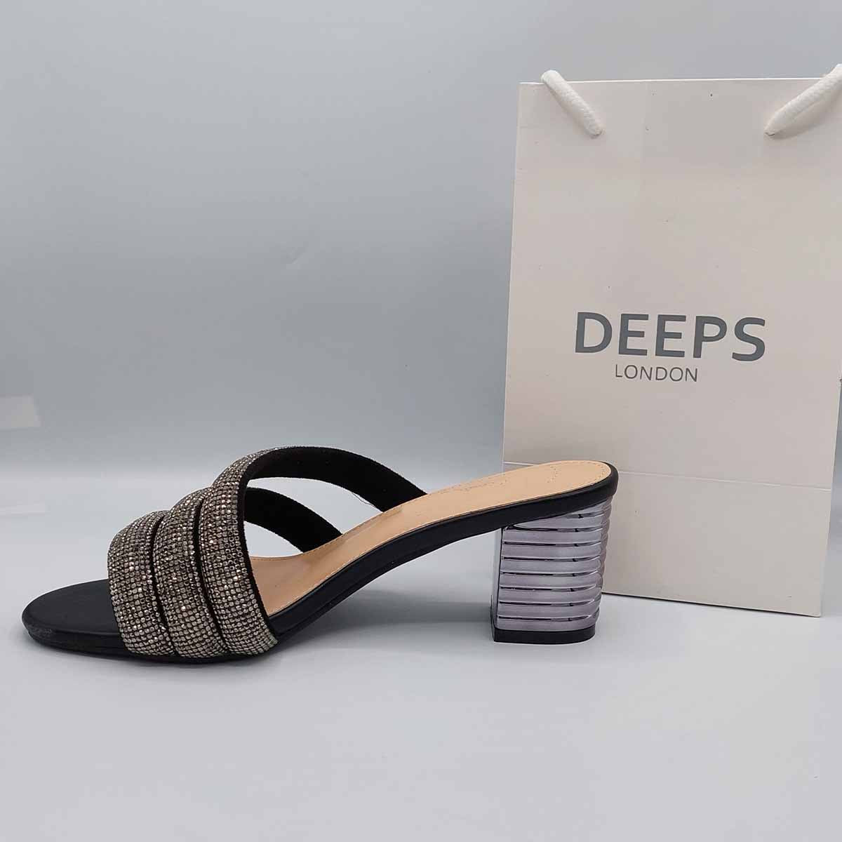 Close-up of the diamante detail on the strap of women's block heel slider sandals in black, highlighting their elegant features from DeepsLondon.