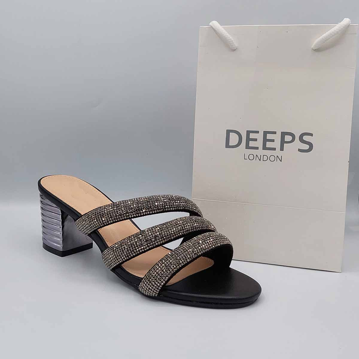 Front view of women's open toe block heel slider sandals with diamante detail in black, a glamorous casual choice for London life from DeepsLondon.