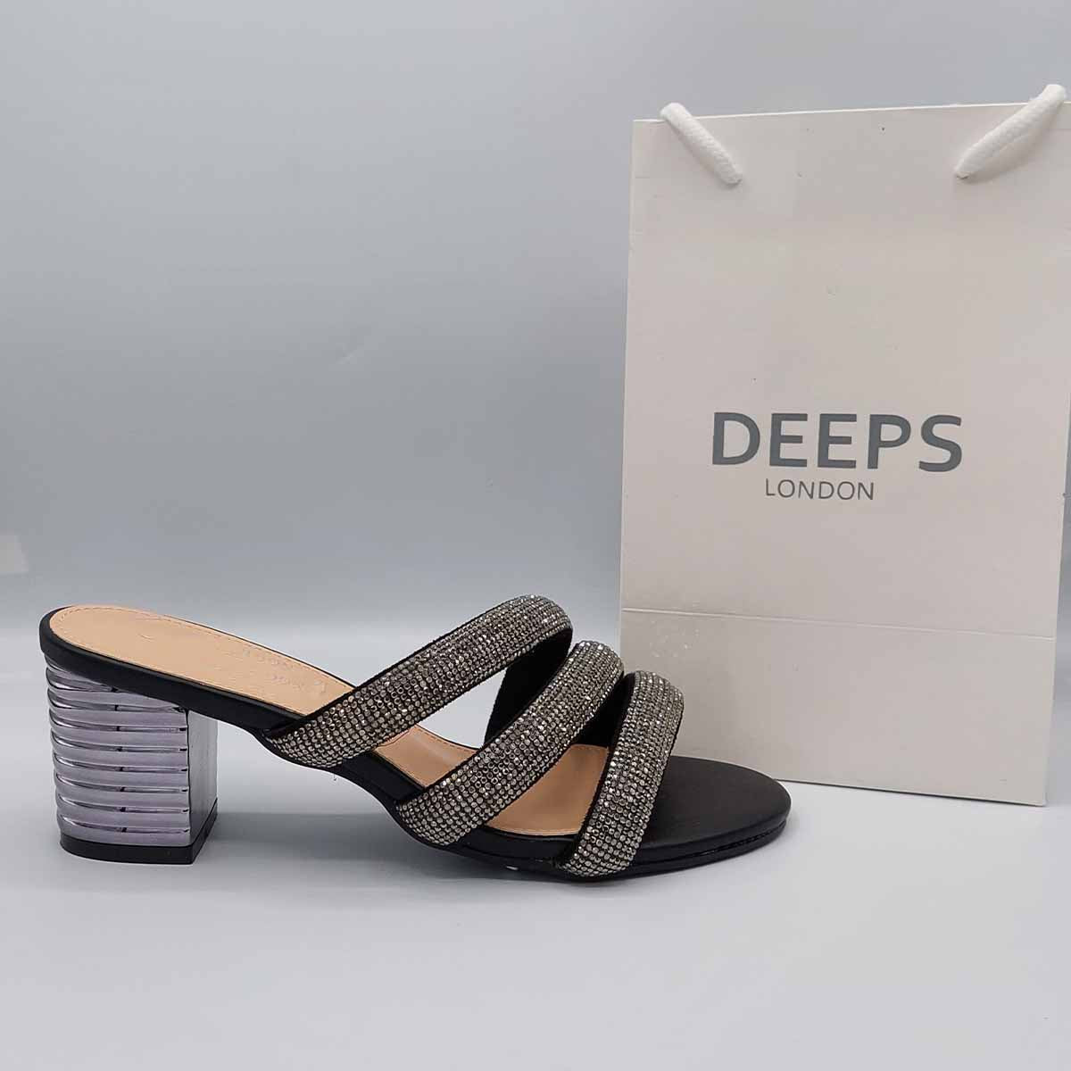 Side profile of women's open toe block heel slider sandals with diamante detail in black, showcasing the block heel and sparkling strap for London fashion.