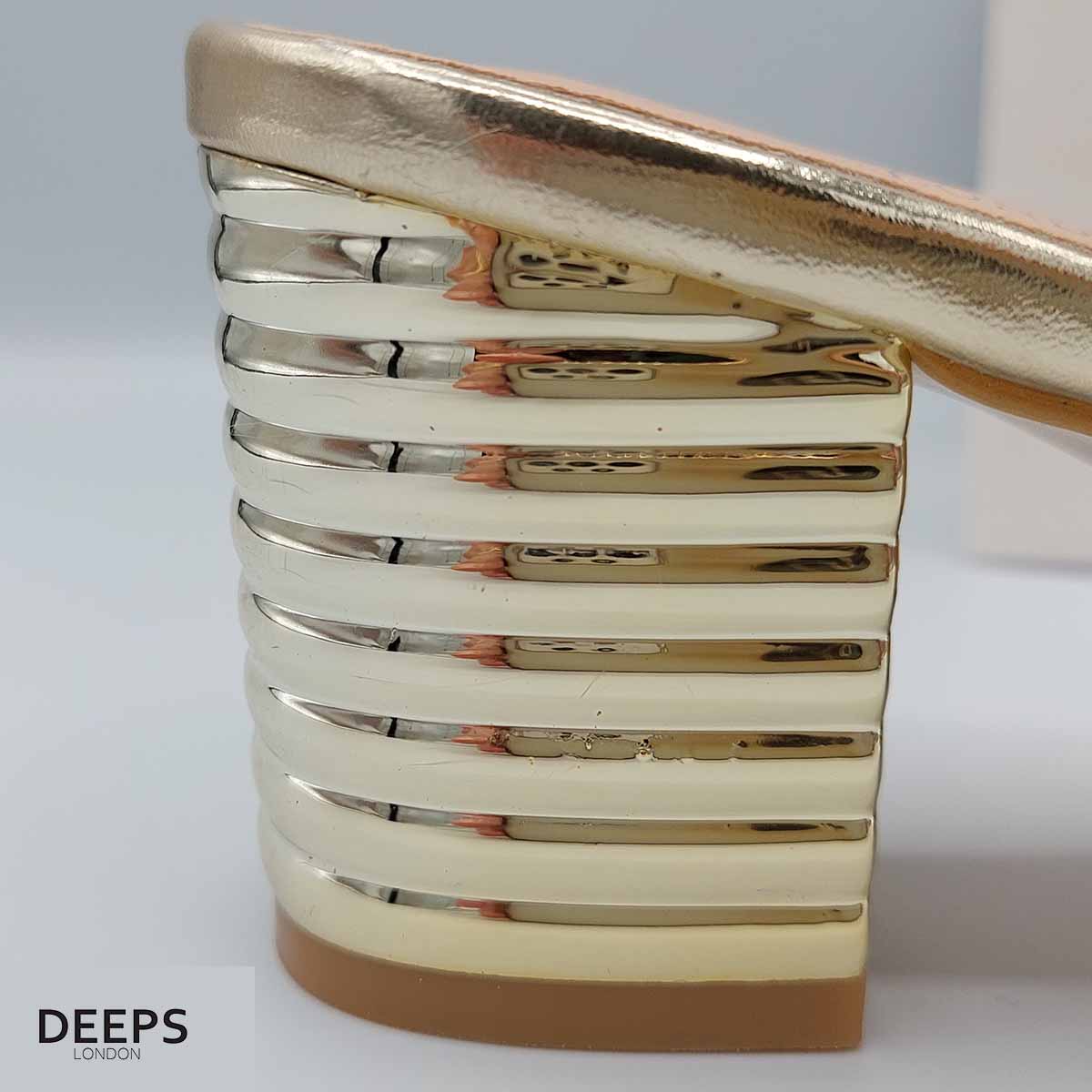 Close-up of the diamante detail on the strap of women's block heel slider sandals in gold, highlighting their elegant features from DeepsLondon.