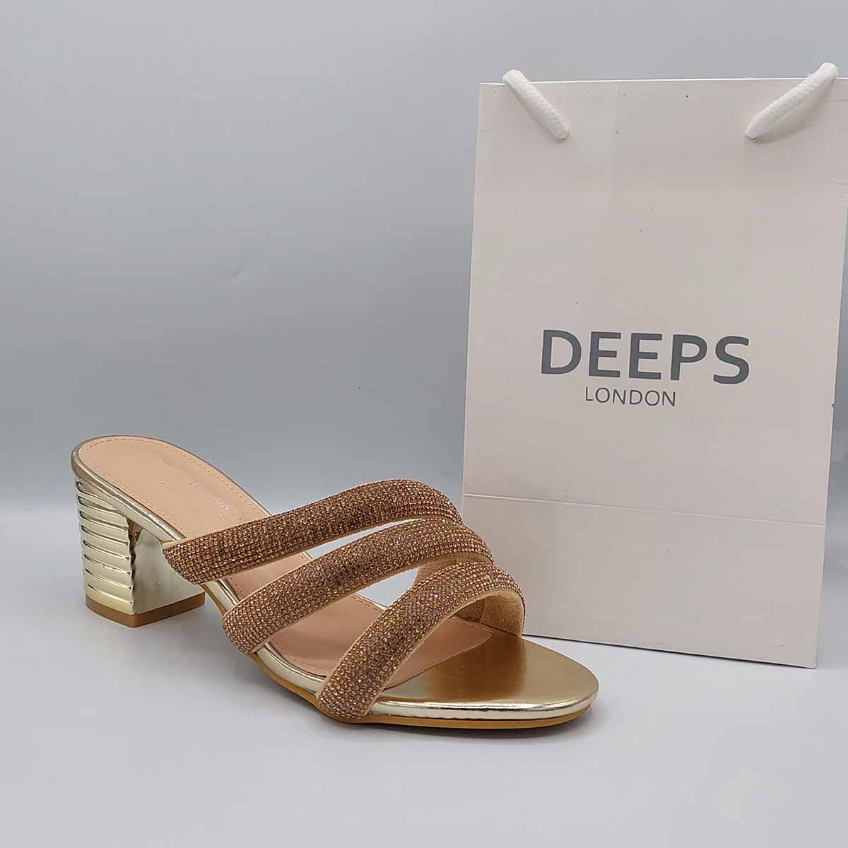Front view of women's open toe block heel slider sandals with diamante detail in gold, a glamorous casual choice for London life from DeepsLondon.