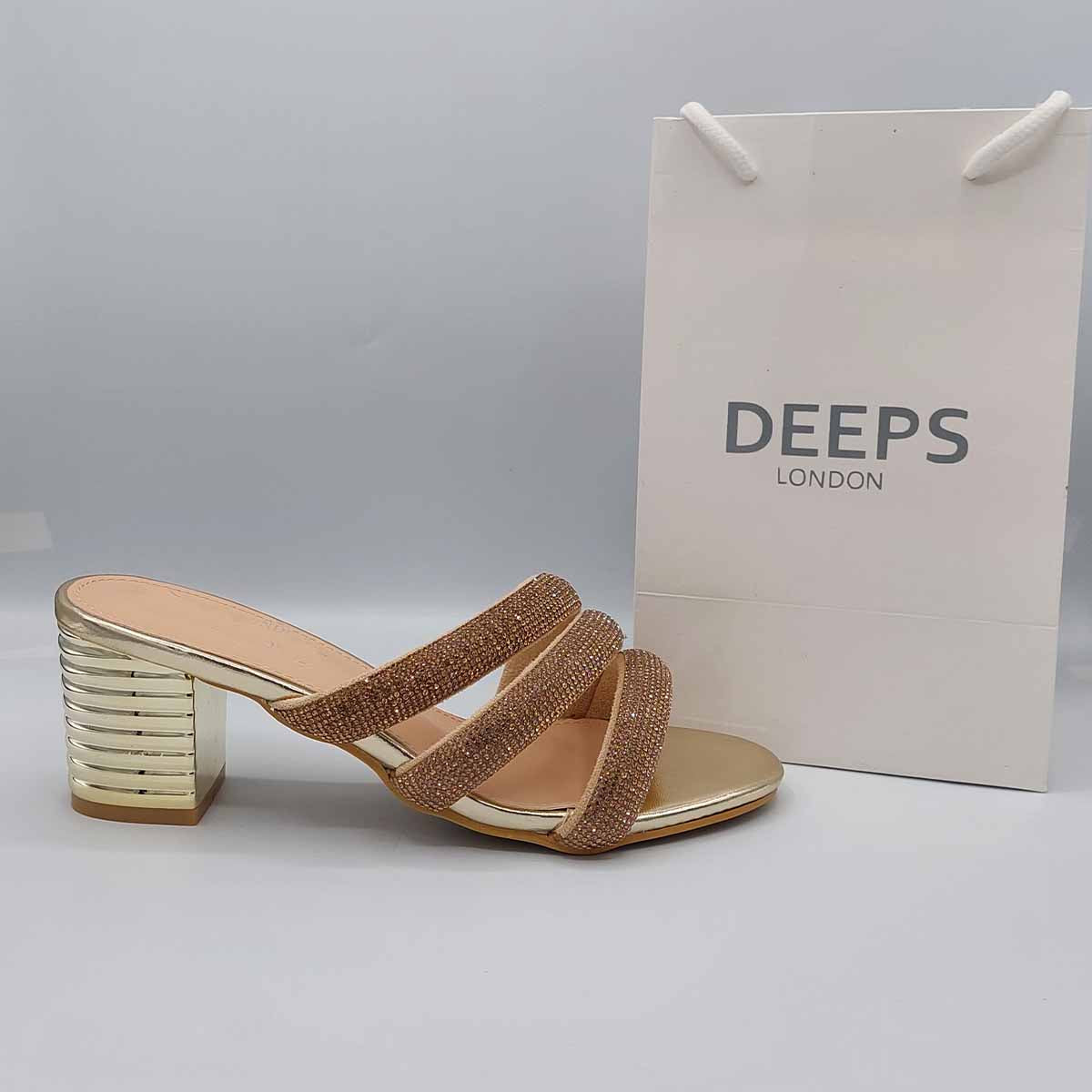 Side profile of women's open toe block heel slider sandals with diamante detail in gold, showcasing the block heel and sparkling strap for London fashion.
