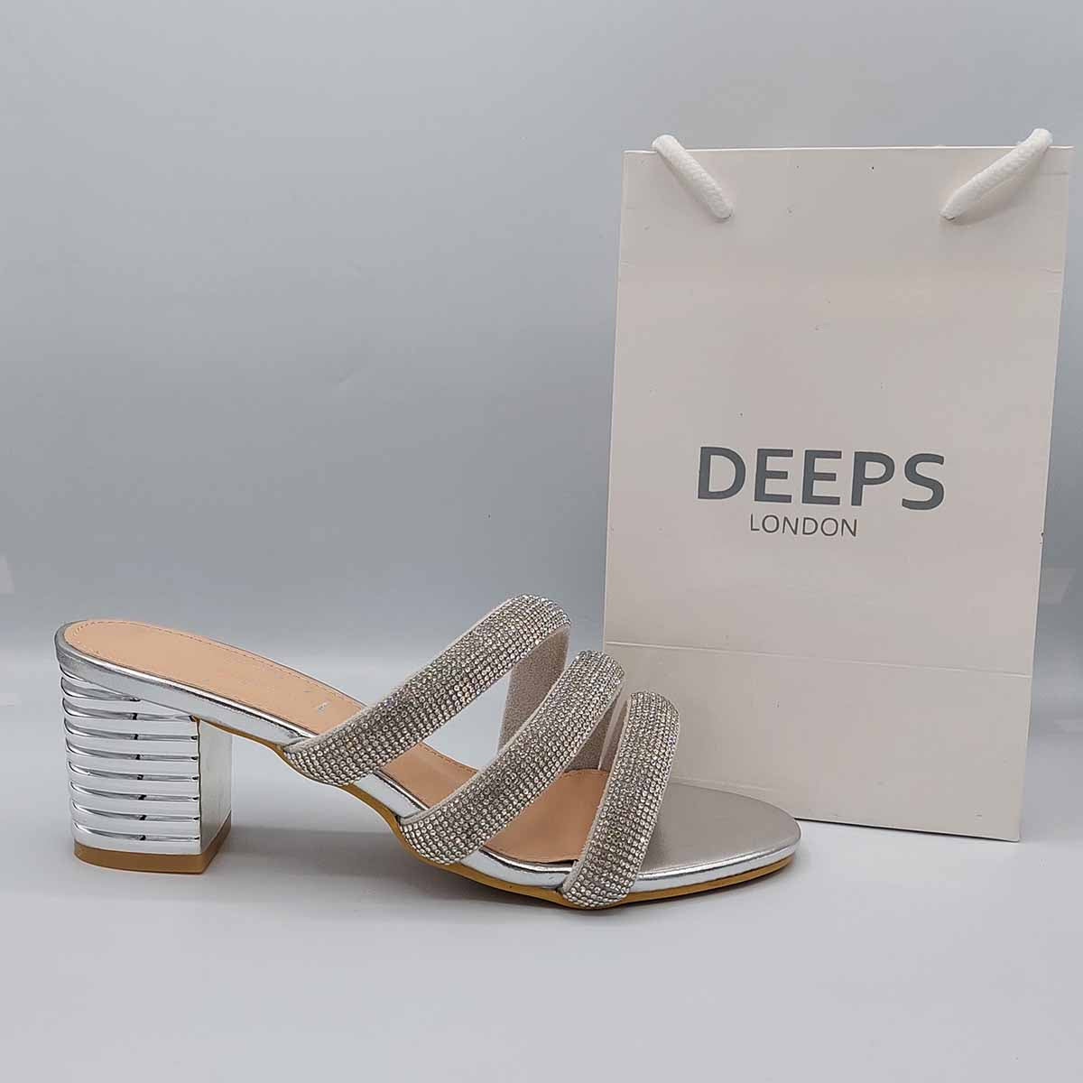 Front view of women's open toe block heel slider sandals with diamante detail in silver, a glamorous casual choice for London life from DeepsLondon.