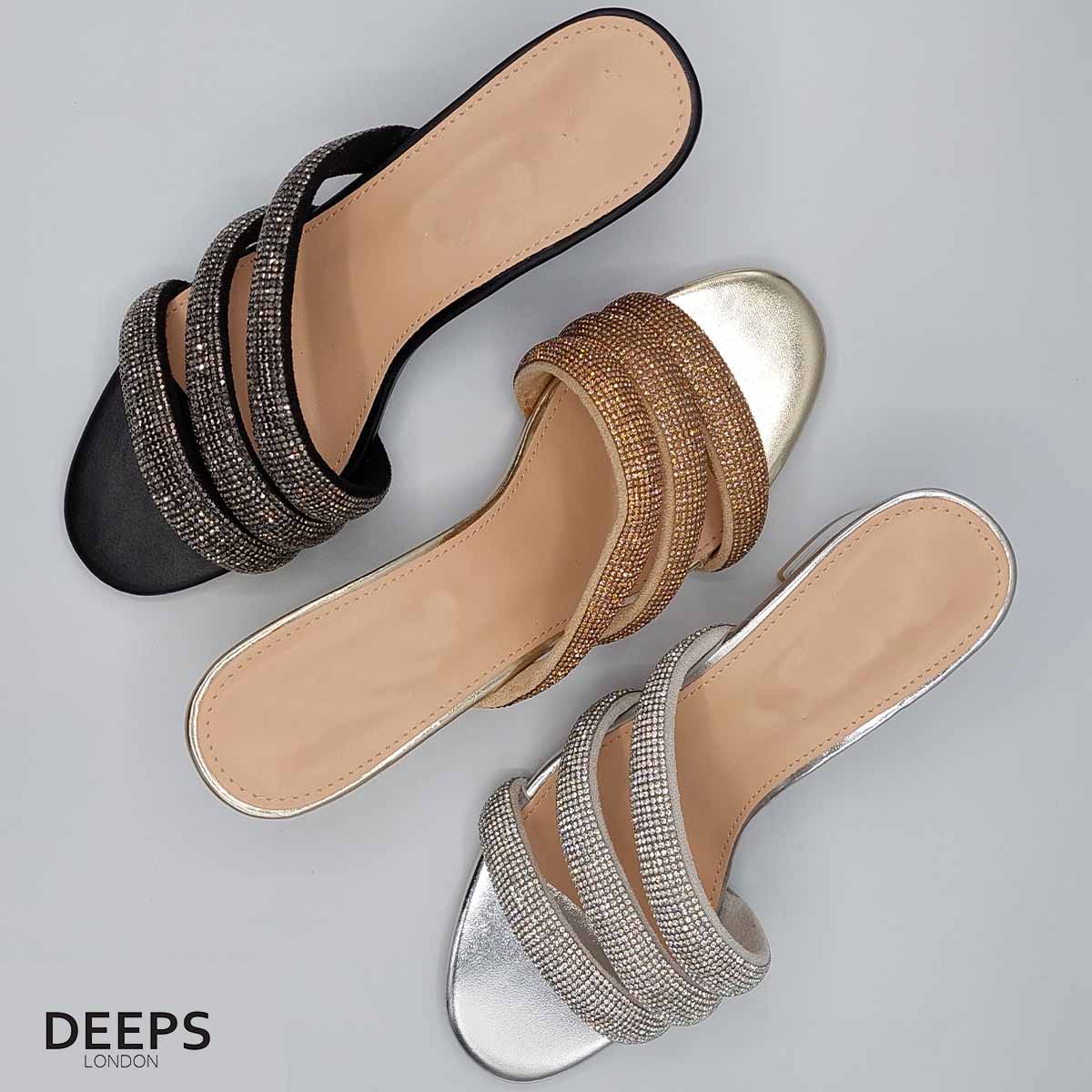 Front view of women's open toe block heel slider sandals with diamante detail in silver, dold and black. a glamorous casual choice for London life from DeepsLondon.