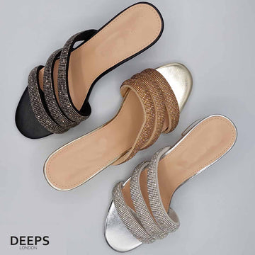Front view of women's open toe block heel slider sandals with diamante detail in silver, dold and black. a glamorous casual choice for London life from DeepsLondon.