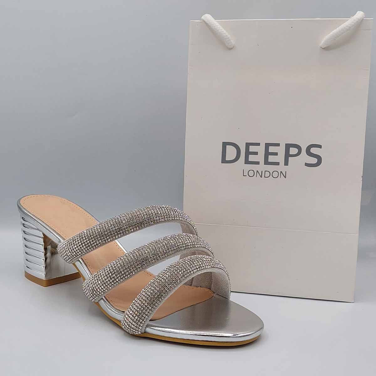 Side profile of women's open toe block heel slider sandals with diamante detail in silver, showcasing the block heel and sparkling strap for London fashion.