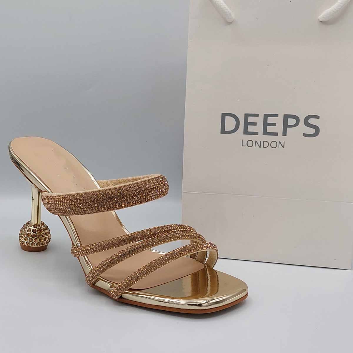 Front view of women's diamante strappy round heel mule sandals in gold, elegant occasion heels with a comfortable round heel, perfect for London events from DeepsLondon.