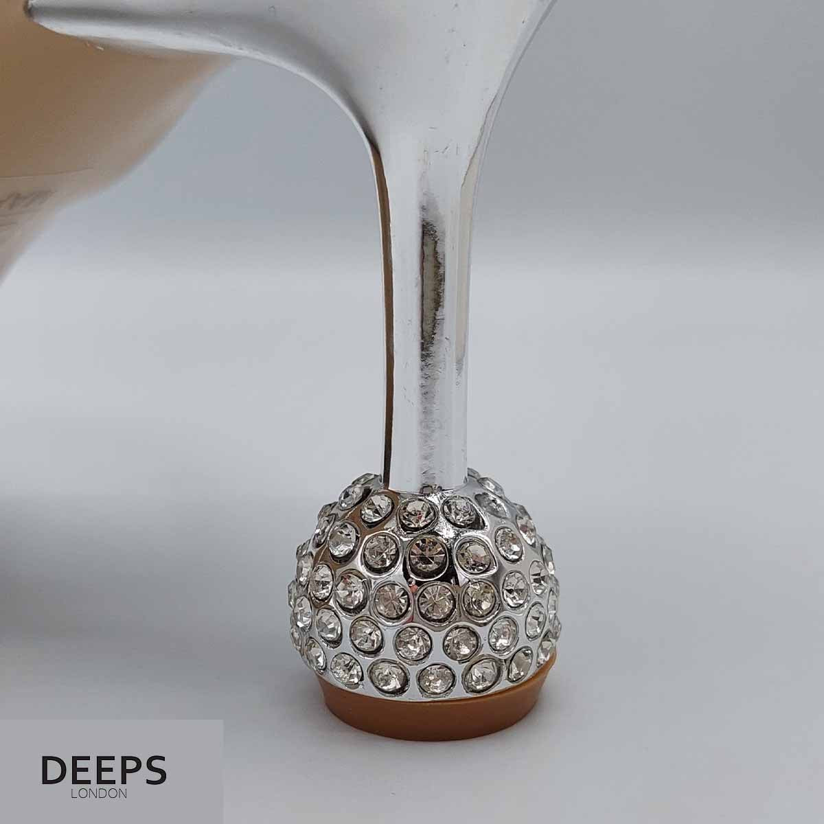 Close-up of the intricate diamante strap design and round heel on women's mule sandals in silver, highlighting their luxurious and elegant features from DeepsLondon.