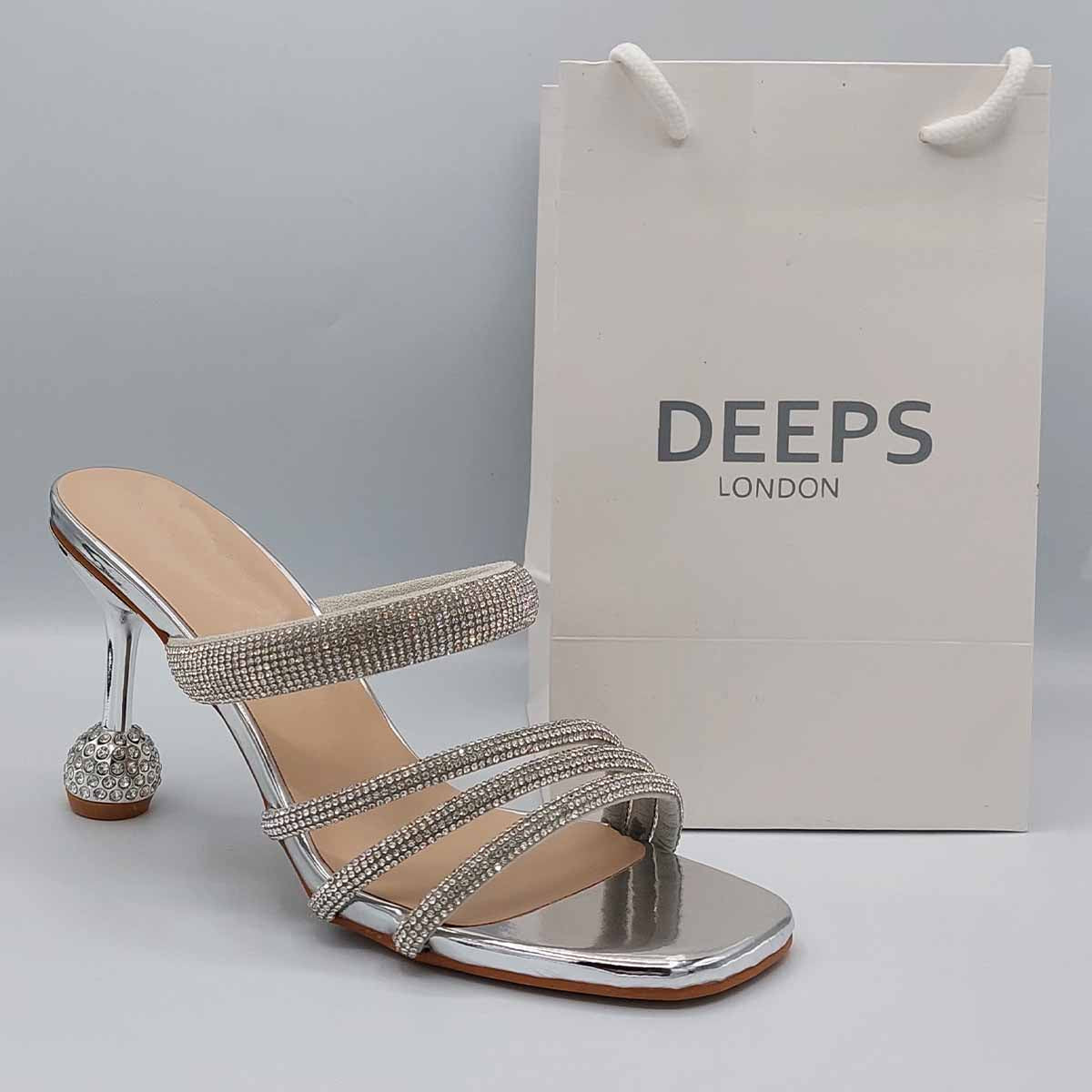 Front view of women's diamante strappy round heel mule sandals in silver, elegant occasion heels with a comfortable round heel, perfect for London events from DeepsLondon.