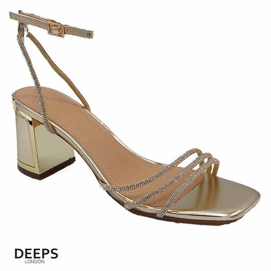 Front view of women's block heel open back sandals with diamante triple front straps in gold, glamorous evening style for London from DeepsLondon.