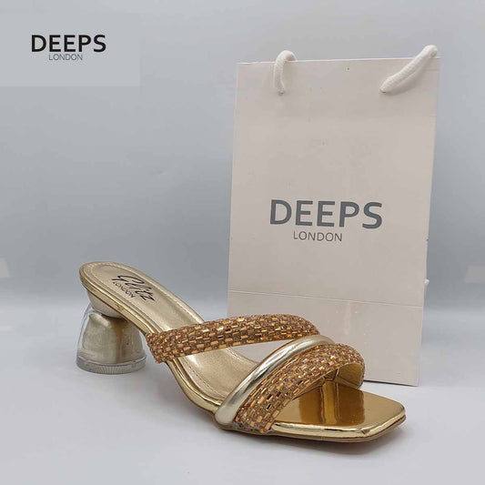 Front view of Gina diamante mule sandal in gold, showcasing the elegant design and sparkling diamante embellishments, London style from DeepsLondon.