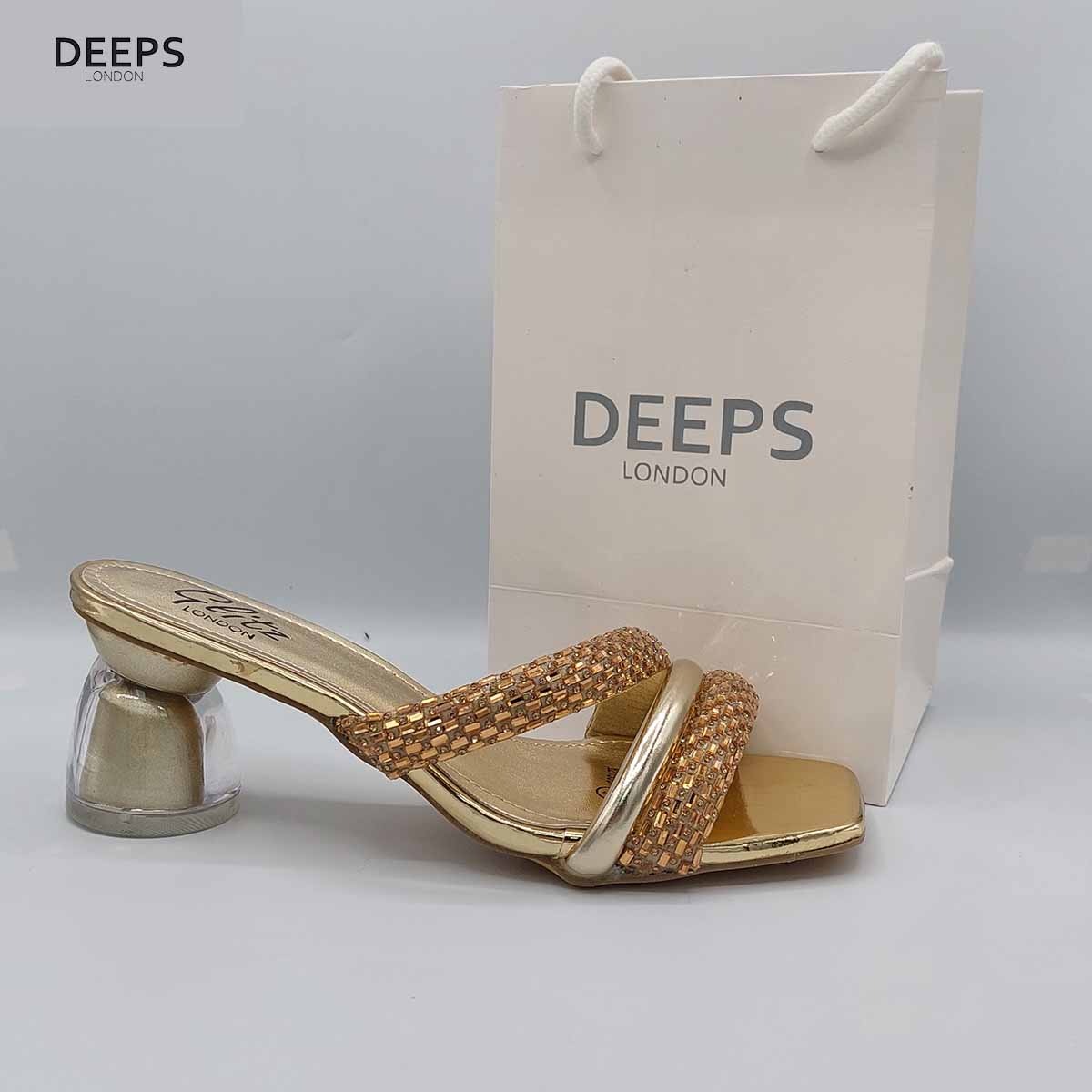 Side profile of Gina diamante mule sandal in gold, highlighting the stylish design and sparkling details, London style from DeepsLondon.