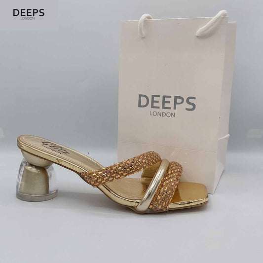 Side profile of Gina diamante mule sandal in gold, highlighting the stylish design and sparkling details, London style from DeepsLondon.