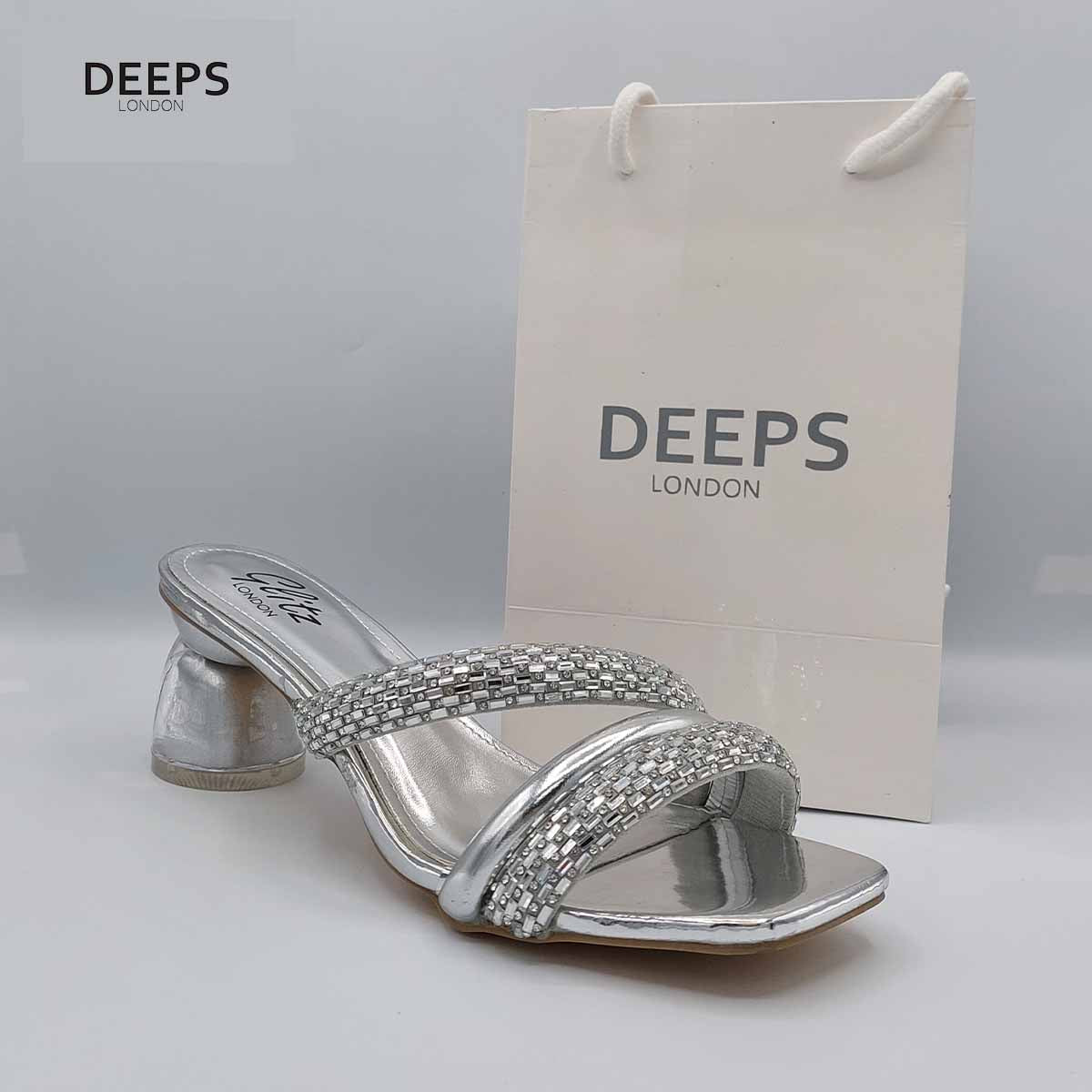 Front view of Gina diamante mule sandal in silver, showcasing the elegant design and sparkling diamante embellishments, London style from DeepsLondon.