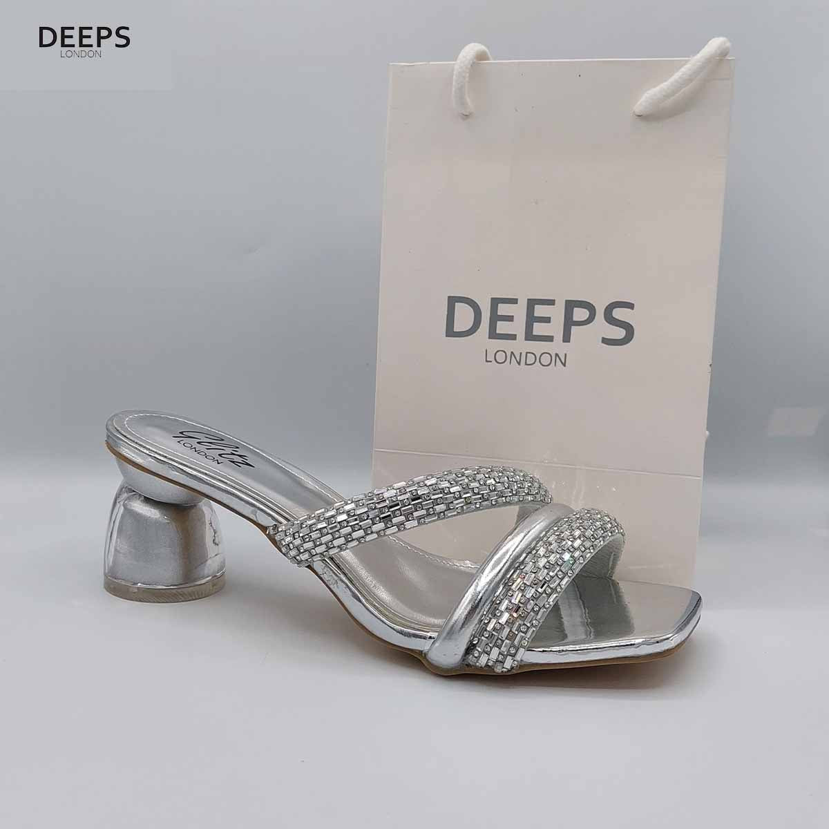 Side profile of Gina diamante mule sandal in silver, highlighting the stylish design and sparkling details, London style from DeepsLondon.