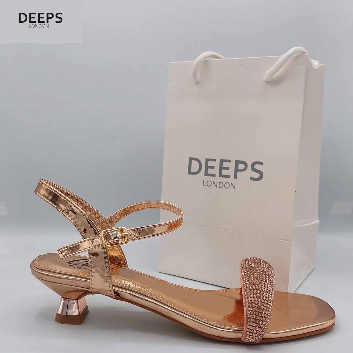 Front view of women's Glimmer low flared heel sandals with diamante embellishments in champagne, sparkling London style from DeepsLondon.