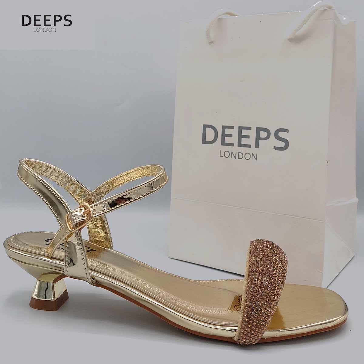 Front view of women's Glimmer low flared heel sandals with diamante embellishments in gold, sparkling London style from DeepsLondon.