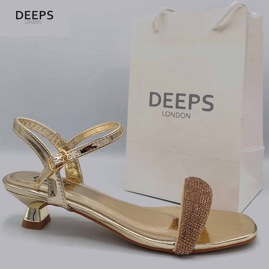 Front view of women's Glimmer low flared heel sandals with diamante embellishments in gold, sparkling London style from DeepsLondon.